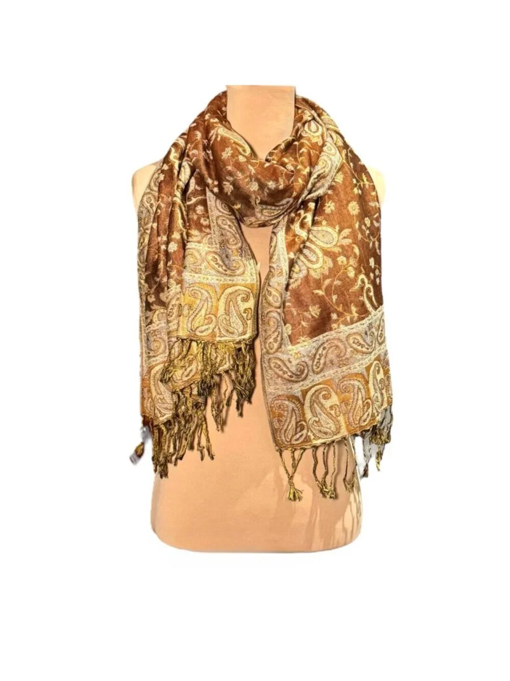 New Large Paisley Scarf Wrap Pashmina Brown Cream Fringe Classic
